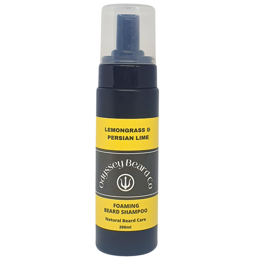 Lemongrass and Persian lime foaming beard shampoo. Natural beard care.